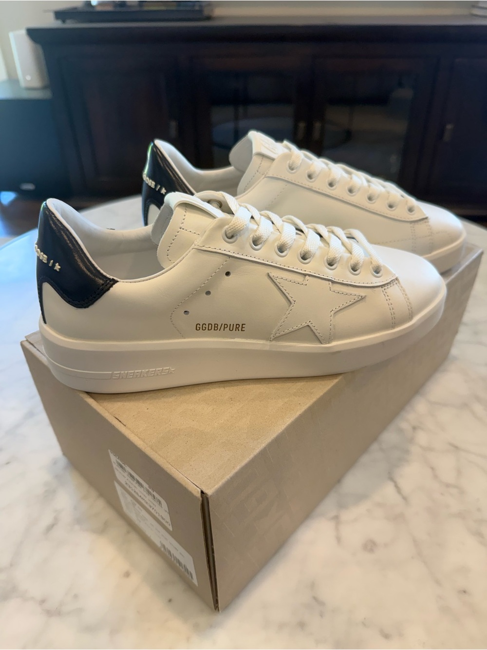 Golden Goose White Leather Pure Stars with Navy Heel Tab